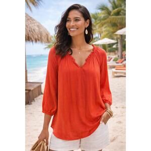 Chico’s Size 3 XL Orange Peasant Tunic Blouse 3/4 Sleeve Boho Flowy Top